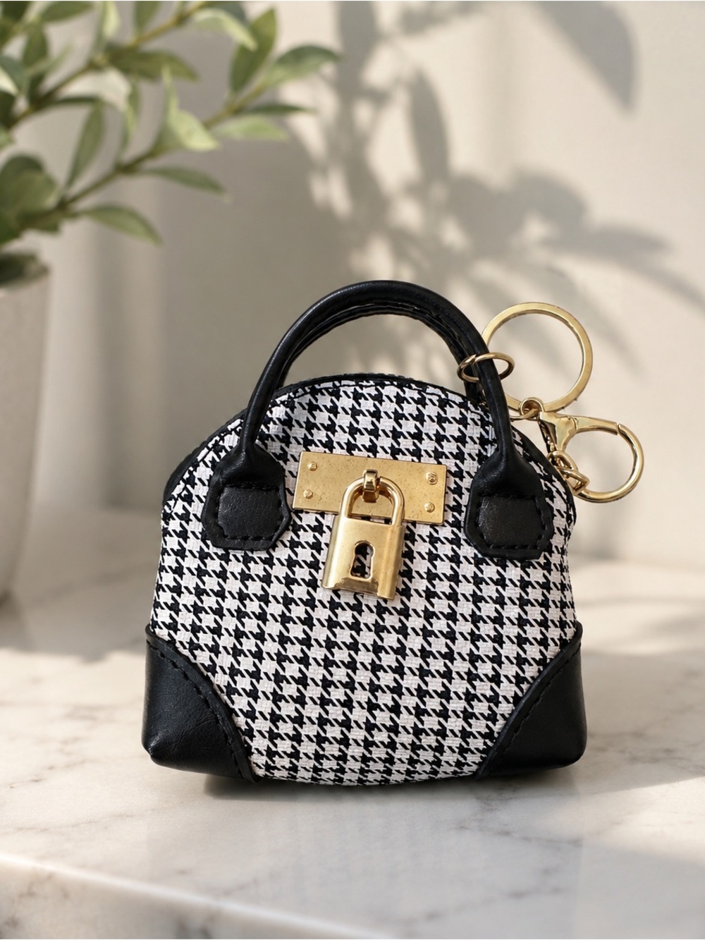 Houndstooth Mini Satchel Keychain - Black and White with Gold Hardware